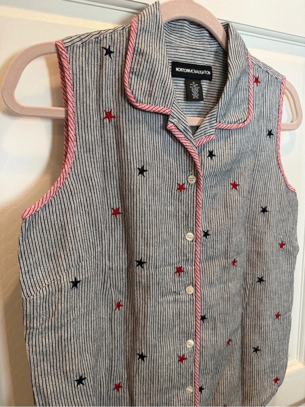 Blue-White Striped Tank with Star Embroidery -Vintage 4th of July Shirt - Picture 5 of 13
